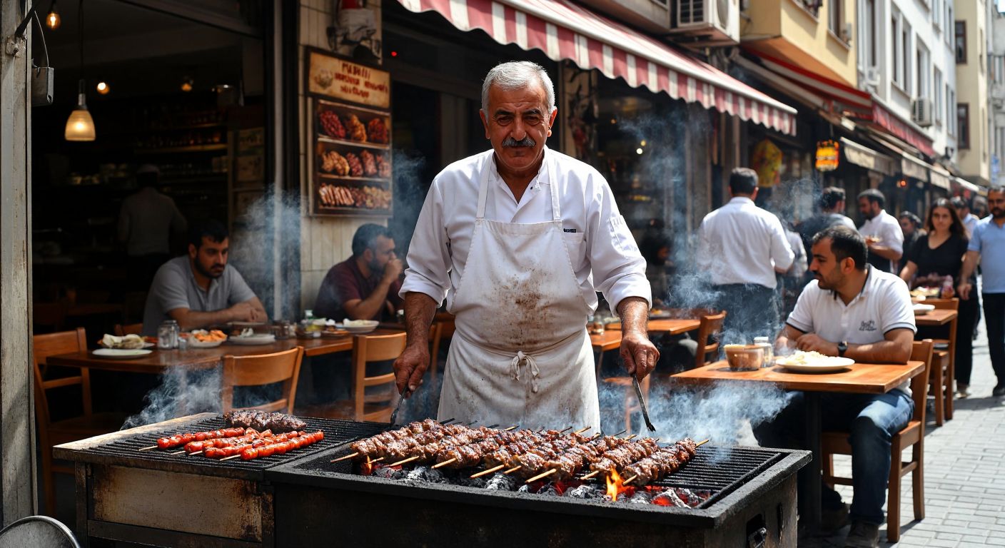 A bustling Istanbul street in Fatih, with an elderly mustachioed chef in a white apron grilling skewered kebabs over glowing charcoal, surrounded by the aroma of spices and the lively chatter of customers at wooden tables under a red-and-white striped awning.