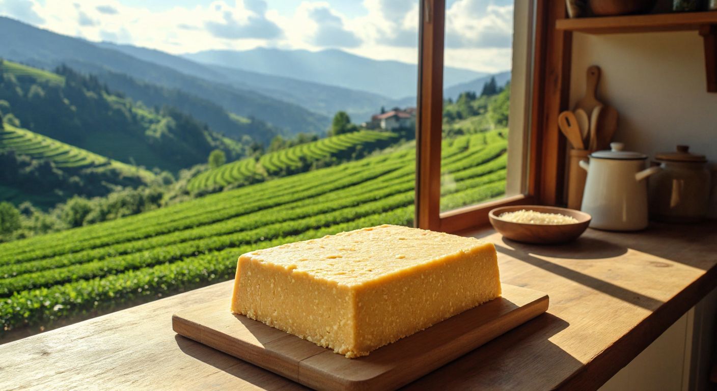 A golden, crumbly block of helva sits on a wooden table in a sunlit kitchen in Rize, with the lush green tea fields of the Black Sea region visible through the window.