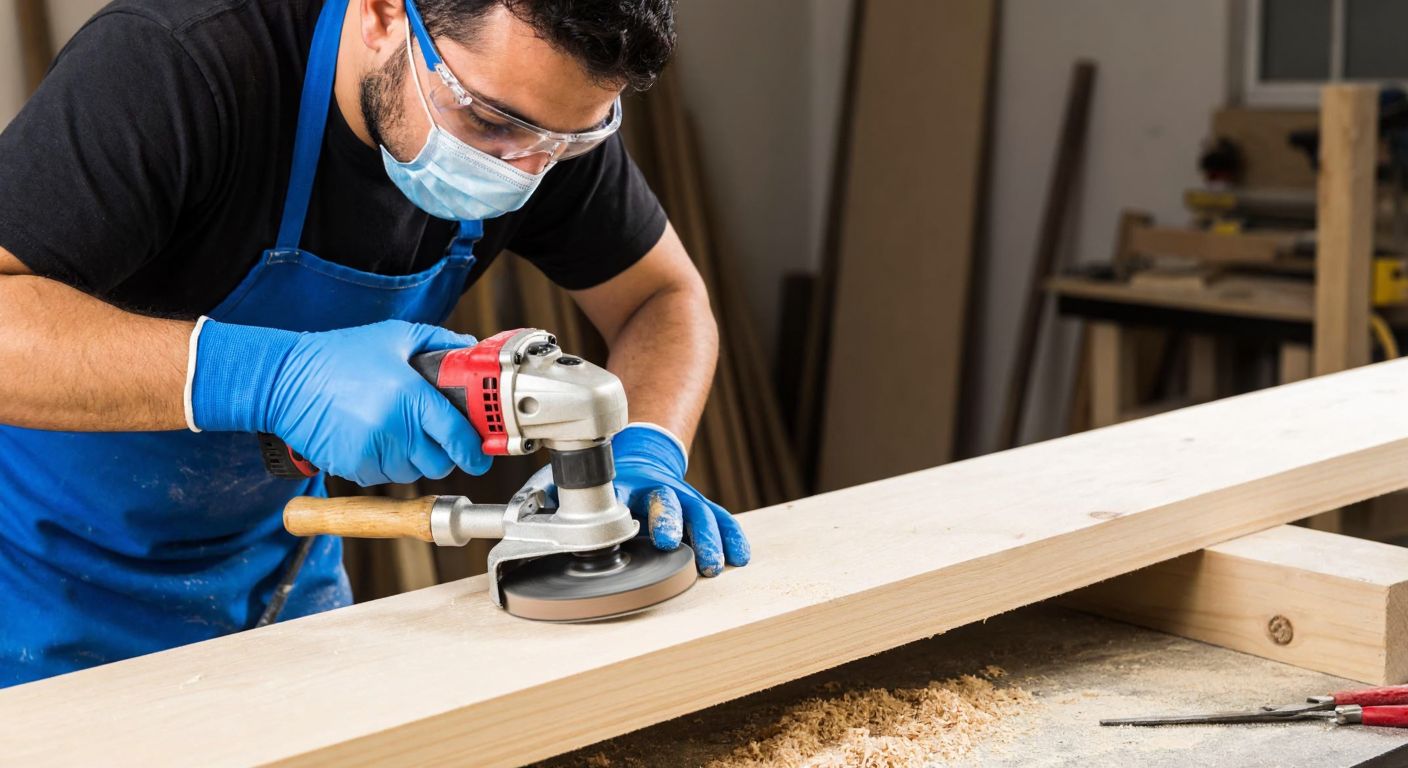 A Turkish craftsman wearing safety goggles, a mask, and gloves carefully sanding a wooden surface with a drill-mounted sanding attachment in a well-lit workshop, surrounded by wood shavings and tools.