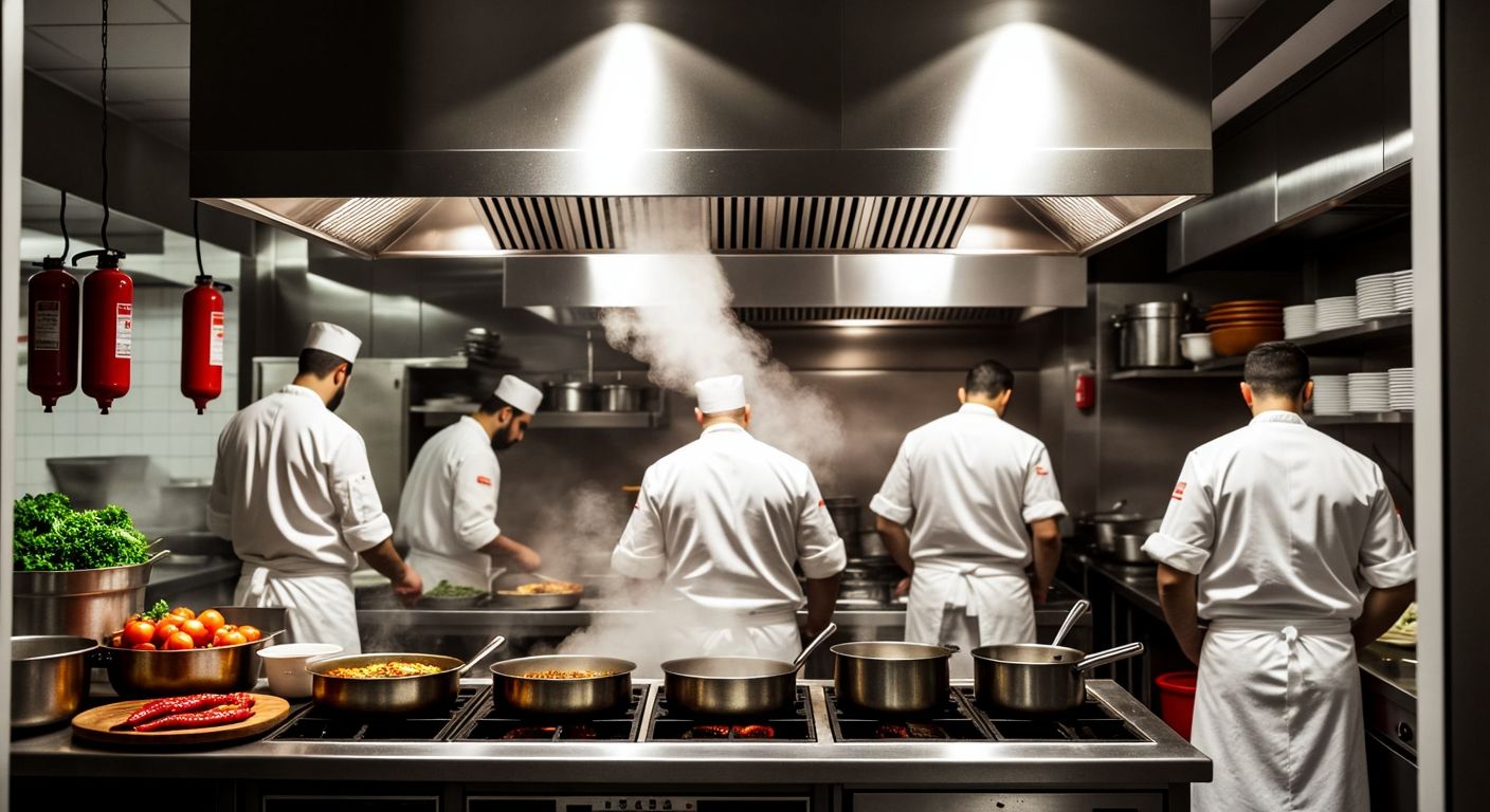 A bustling Turkish commercial kitchen with chefs in white uniforms, a gleaming stainless steel hood system releasing a fine mist, and bright red K-class fire extinguishers mounted on the walls near sizzling pots of oil.