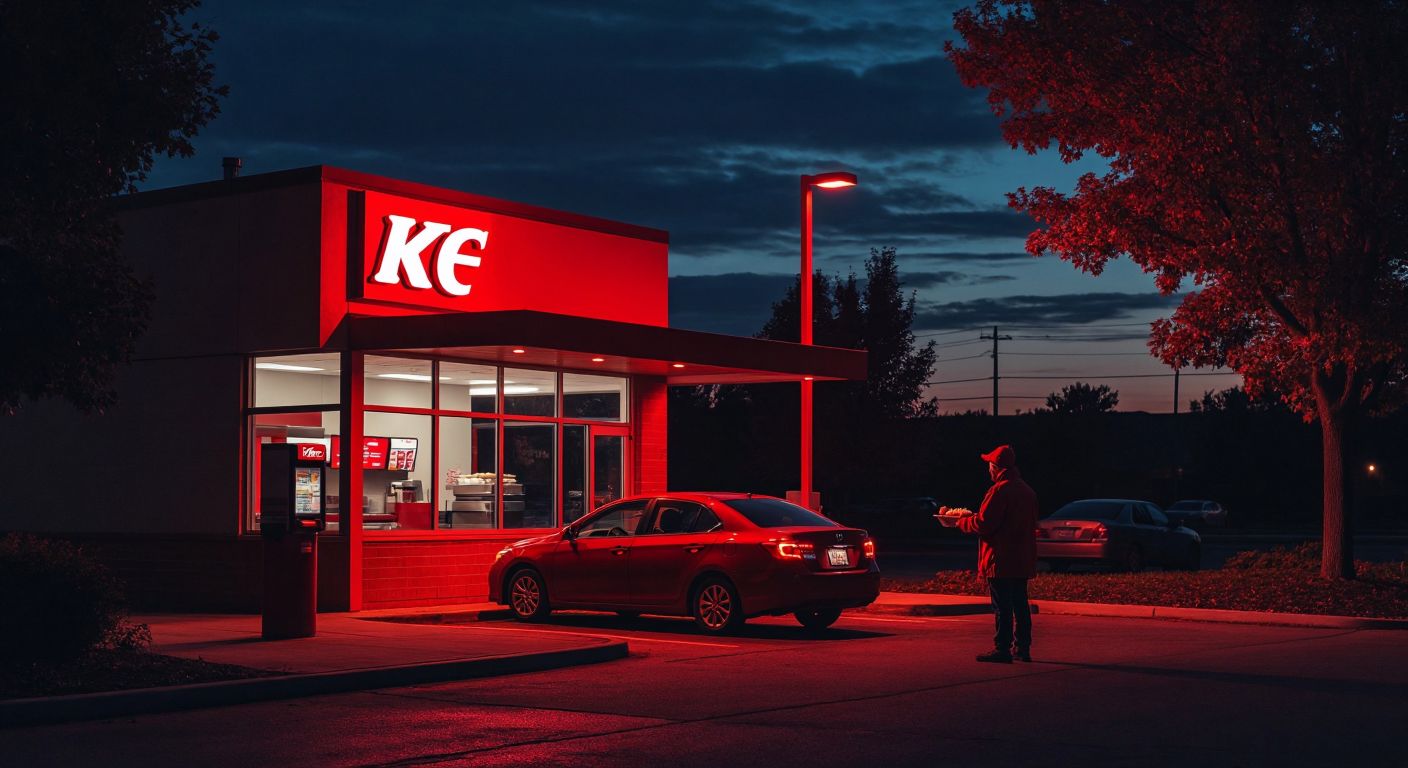 A dimly lit KFC drive-thru with a glowing red sign, a car waiting at the window, and a tired but friendly cashier handing out a warm meal under the night sky.