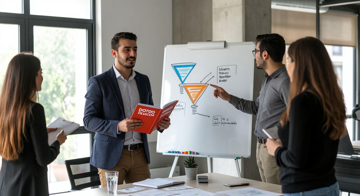 A confident Turkish entrepreneur in a modern office, holding a book titled *DotCom Secrets* while pointing at a flowchart-like funnel on a whiteboard, surrounded by eager listeners taking notes.  

(Note: The book title is mentioned conceptually but not visually represented as text—it’s implied by the context.)