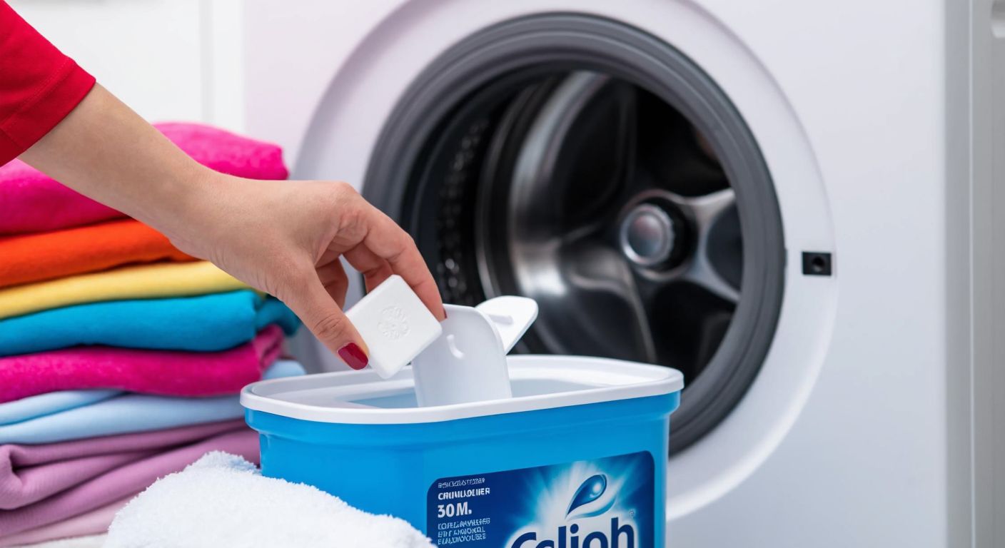 A close-up of a Turkish woman’s hands carefully placing a white Finish Calgon tablet into the detergent compartment of a modern washing machine, with a neatly folded pile of colorful laundry beside it.