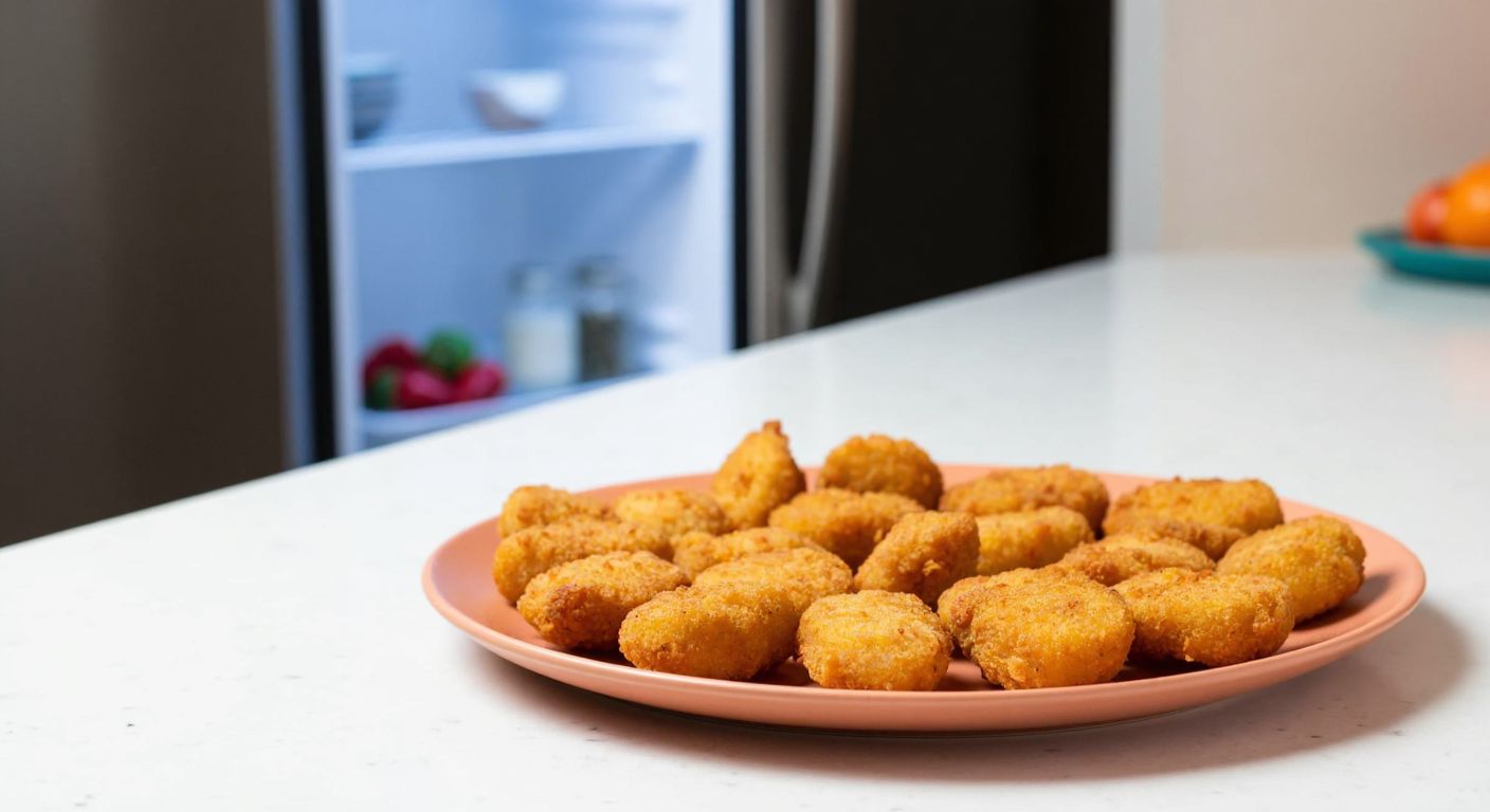 A golden-brown plate of homemade chicken nuggets sits on a kitchen counter in Turkey, with a refrigerator door slightly ajar in the background, suggesting freshness and proper storage.