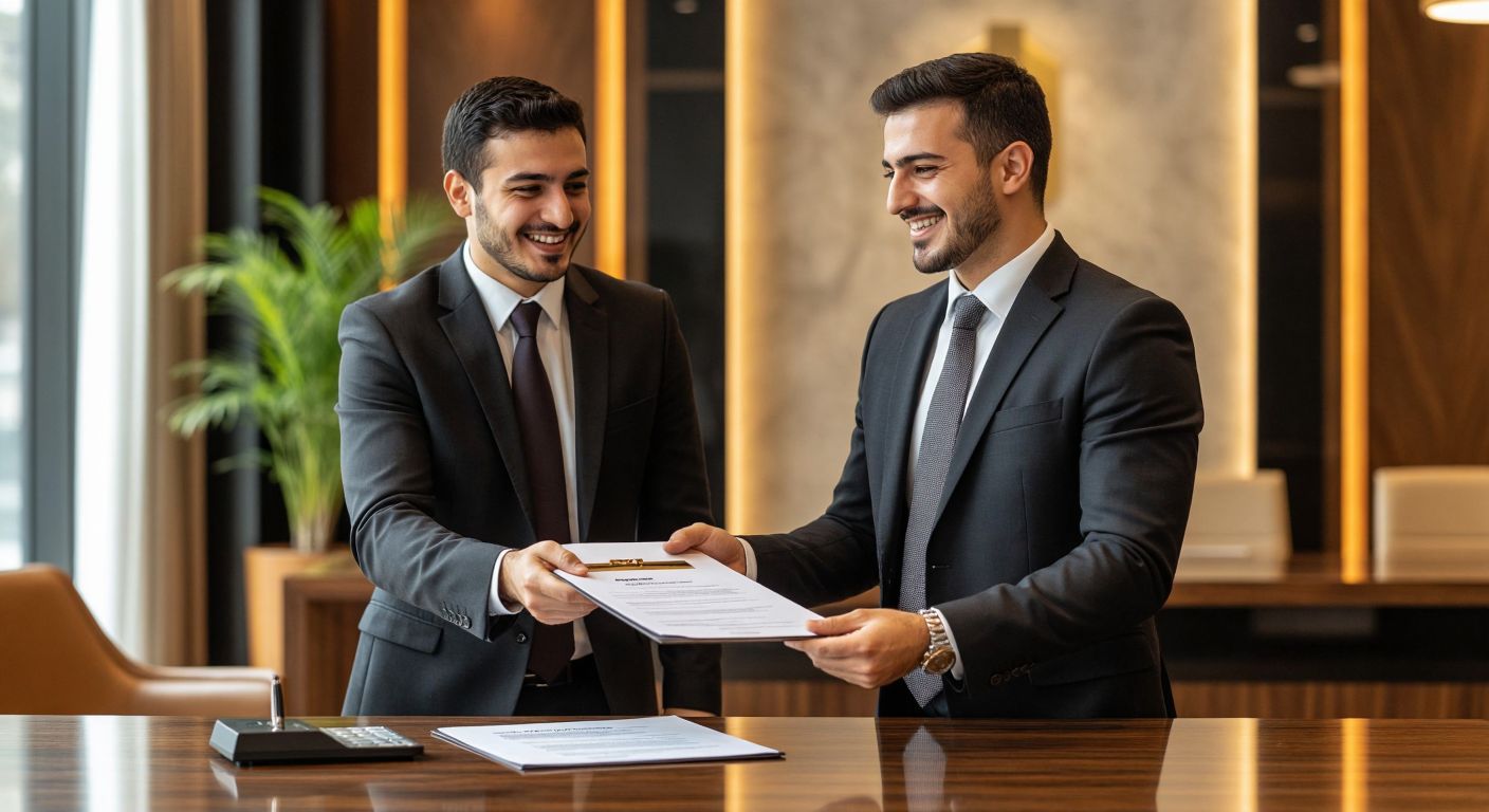 A professional Turkish banker in a crisp suit hands a document labeled "Ekspertiz Raporu" to a client across a polished wooden desk in a well-lit VakıfBank branch, with a warm smile of reassurance.  

(Note: The label "Ekspertiz Raporu" is mentioned here for clarity but should be omitted in the final visual representation to comply with the no-text rule.)  

**Revised without text:** A professional Turkish banker in a crisp suit hands a document to a client across a polished wooden desk in a well-lit VakıfBank branch, with a warm smile of reassurance.