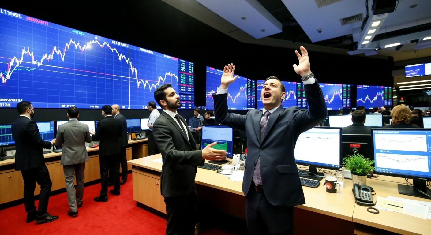 A bustling Turkish stock exchange floor with traders in crisp suits gesturing animatedly, surrounded by glowing monitors displaying fluctuating graphs, while a large digital ticker board reflects the dynamic energy of the market.