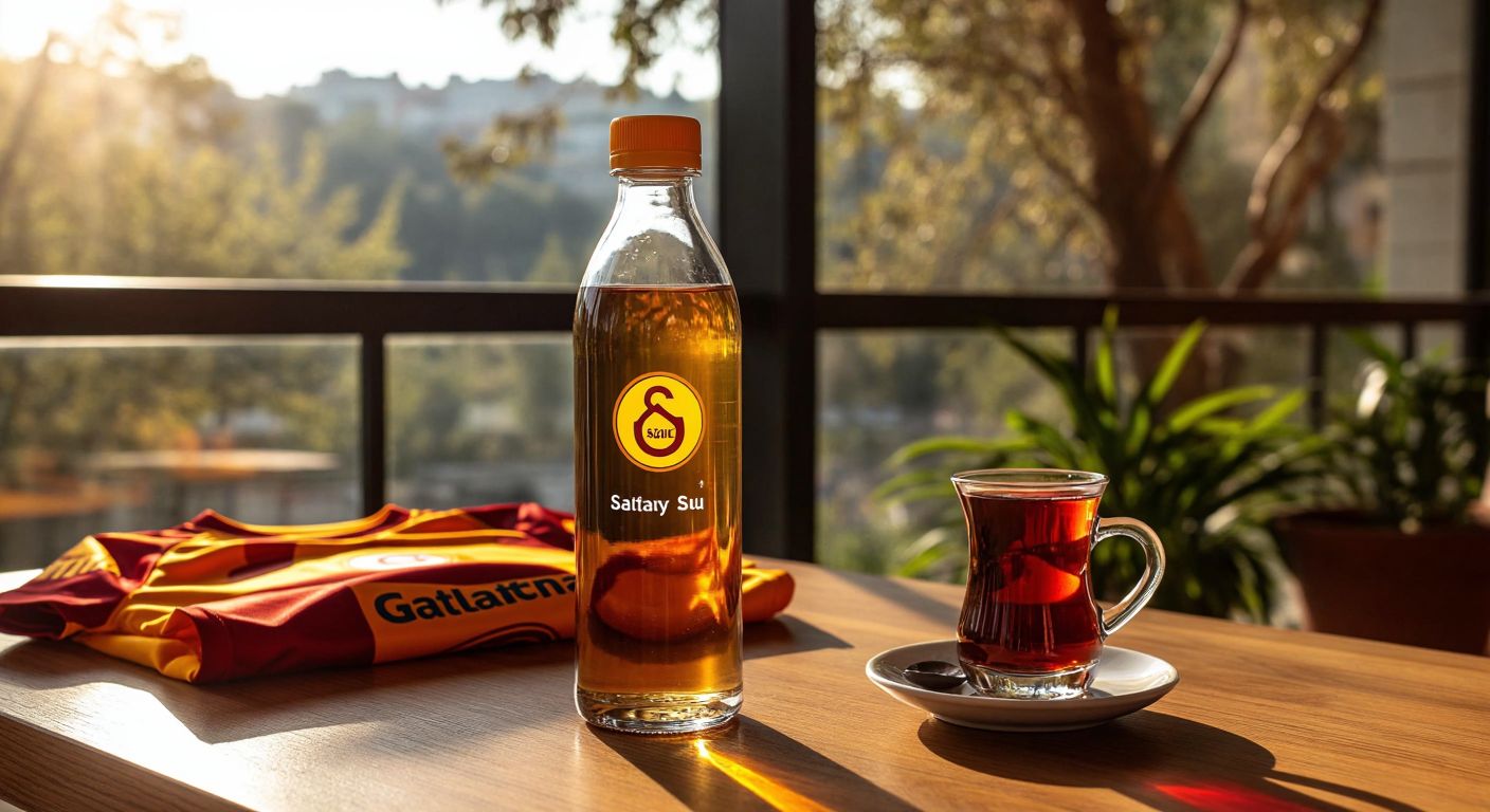 A sleek, transparent bottle of Florya Su with the Galatasaray and Sultan Su logos subtly embossed on it, placed on a sunlit wooden table beside a Galatasaray jersey and a traditional Turkish glass of çay.
