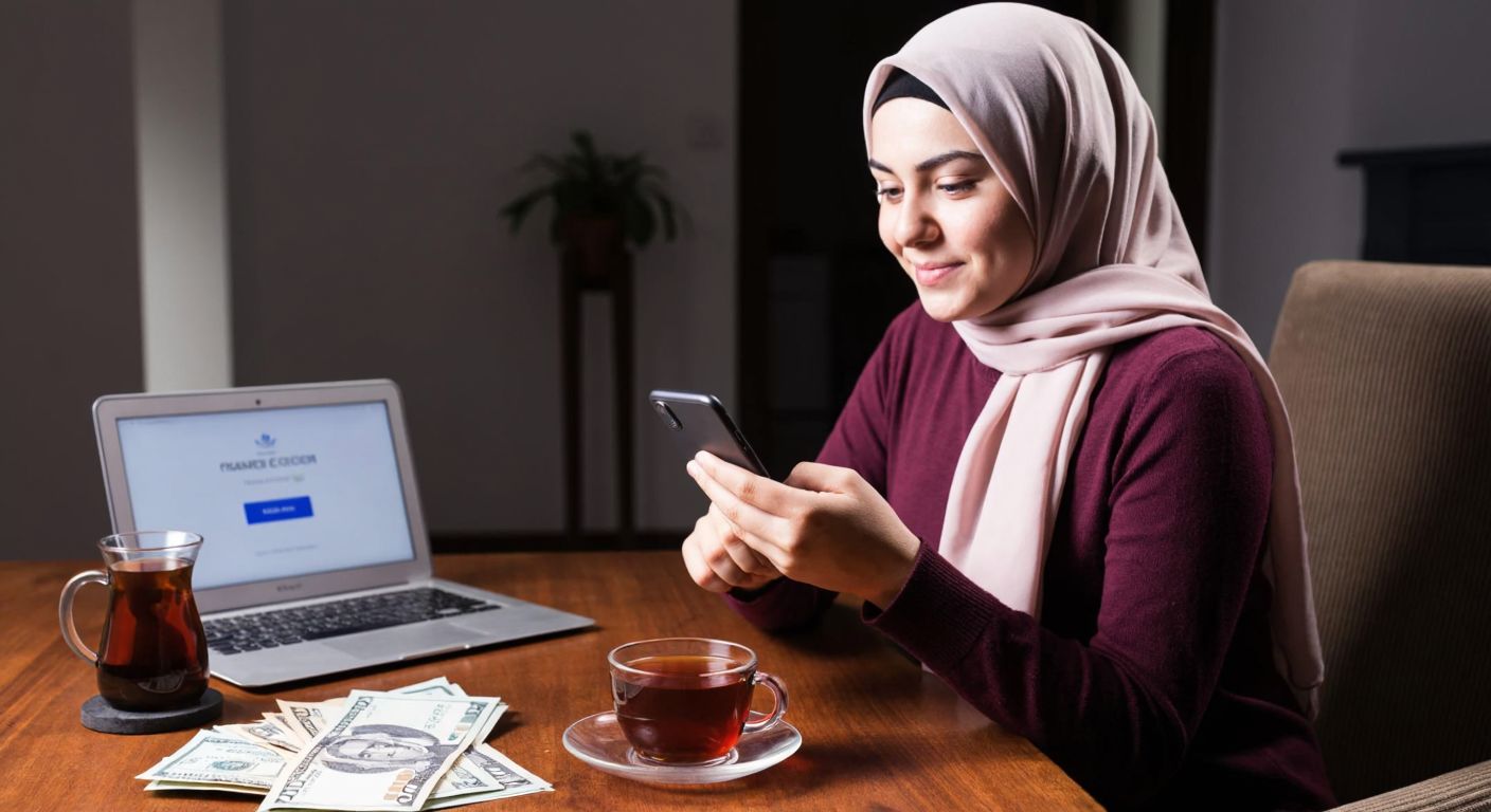 A young Turkish woman in a cozy home setting, wearing a headscarf, confidently holds her smartphone while sitting at a wooden table with a steaming cup of çay, surrounded by scattered bills and a laptop displaying a payment confirmation screen.
