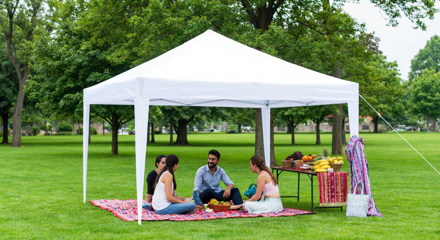 A sturdy white 3x3 gazebo tent with a peaked roof stands in a sunny park, sheltering a small group of people enjoying a picnic on colorful rugs beneath it, while a vendor arranges fresh fruits and textiles at a nearby market stall.