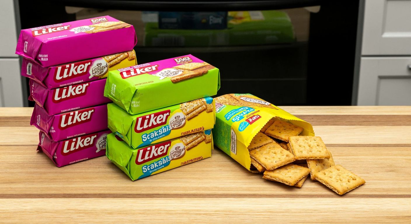 A colorful, neatly stacked pile of Ülker Çizi cracker packages on a wooden table in a Turkish home, with a single open package revealing golden, cheese-flavored crackers inside.