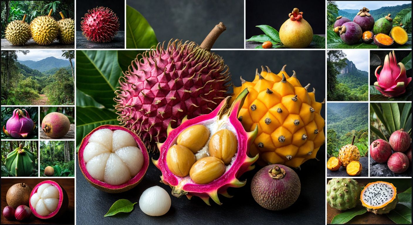 A vibrant collage of exotic fruits—spiky durian, hairy rambutan, purple mangosteen, golden cloudberry, cupuaçu with creamy flesh, prickly dragon fruit, and cactus-like firavun inciri—each placed against a backdrop of their native landscapes (lush Southeast Asian jungles, snowy Nordic fields, Amazon rainforests, and arid Mexican deserts).