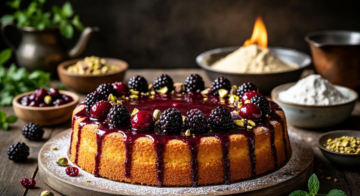 A golden, freshly baked sponge cake sits on a rustic wooden table, topped with glossy cherry sauce, scattered blackberries, and crushed pistachios, while a warm Turkish kitchen glows in the background with scattered flour and mixing bowls.