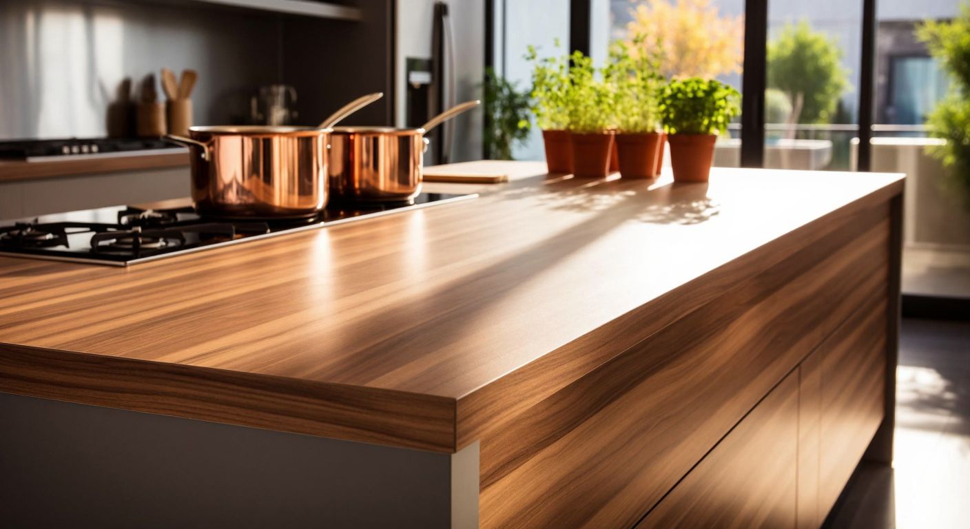 A sleek, modern kitchen countertop with a glossy laminate surface in a warm woodgrain pattern, set against a backdrop of a sunlit Turkish kitchen with copper pots and fresh herbs on display.