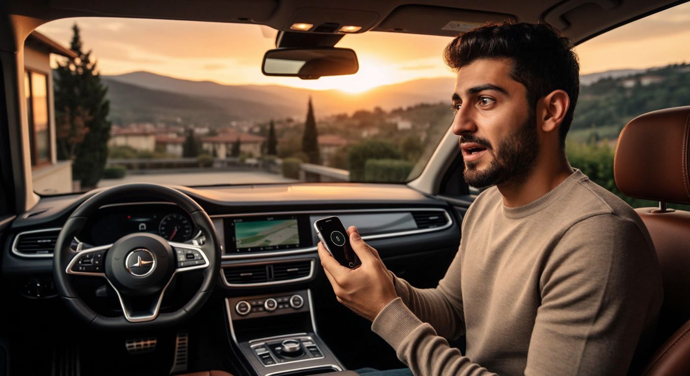 A puzzled Turkish man in a cozy home setting holds a small, sleek AirTag in one hand while gesturing toward a luxury car with an Airmatic suspension system parked outside his window.