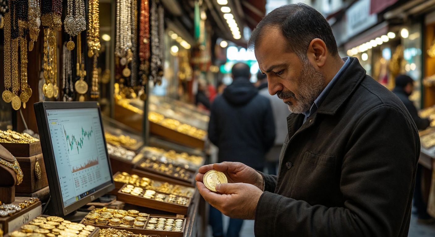 A Turkish jeweler in a bustling bazaar intently studies a gleaming gold coin in his palm while a computer screen nearby displays a gold price chart.