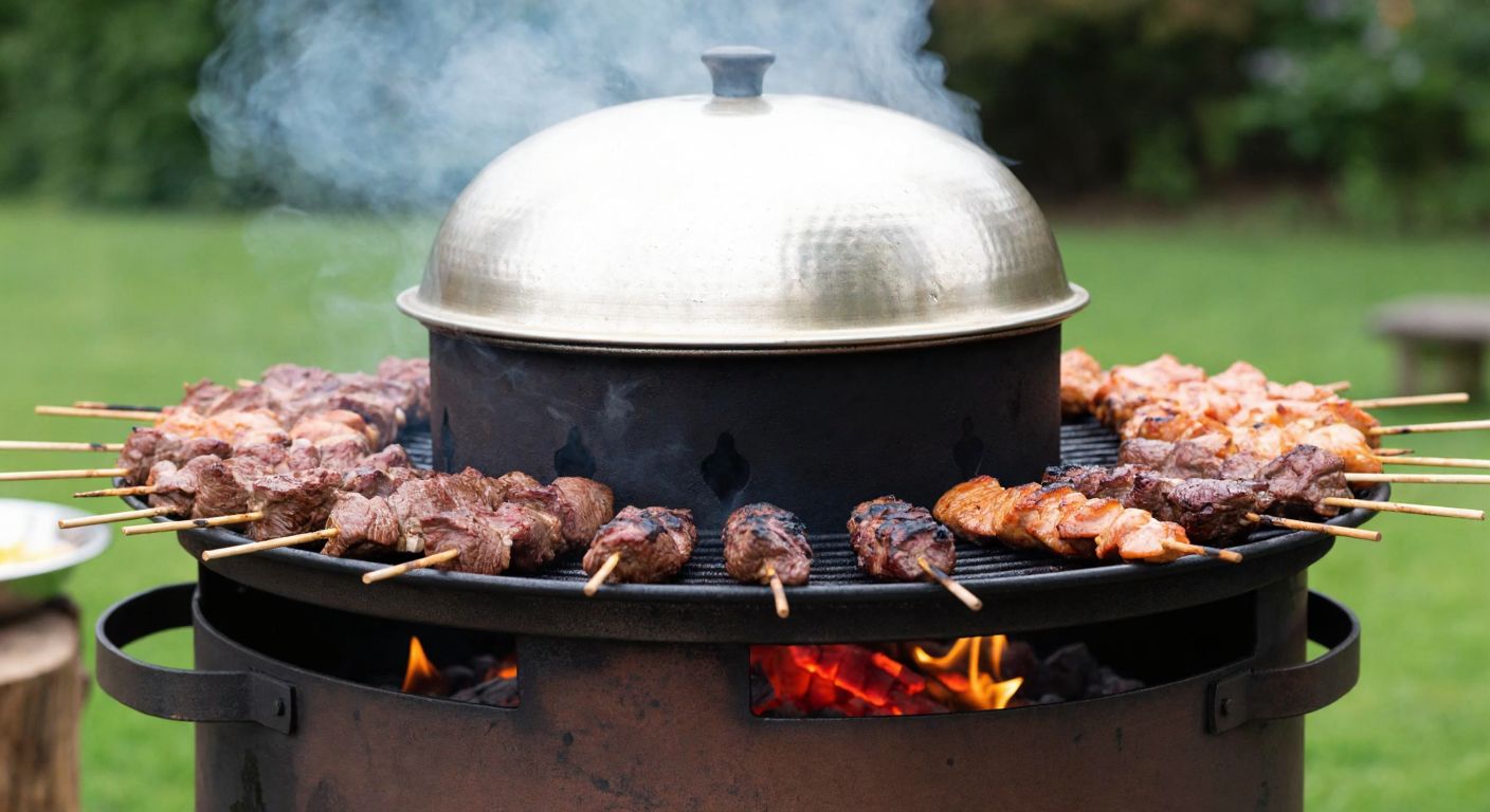 A traditional Turkish charcoal grill with a domed metal lid, emitting aromatic smoke from meşe wood chips, suspending skewered meats above the glowing embers on a raised grate.