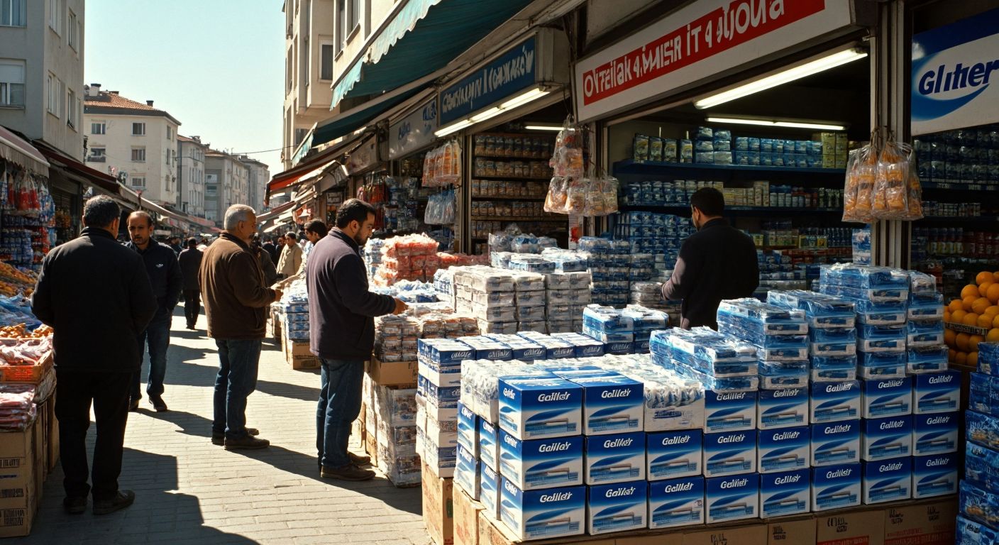 A bustling Turkish wholesale market stall stacked with neatly arranged Gillette razor packs, surrounded by eager shopkeepers and buyers exchanging goods under warm sunlight.