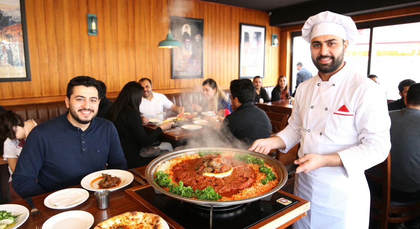 A bustling Ankara restaurant with a steaming plate of İskender kebab at the center, surrounded by smiling diners in a warm, wood-paneled setting, as a chef in a white apron proudly presents the dish.