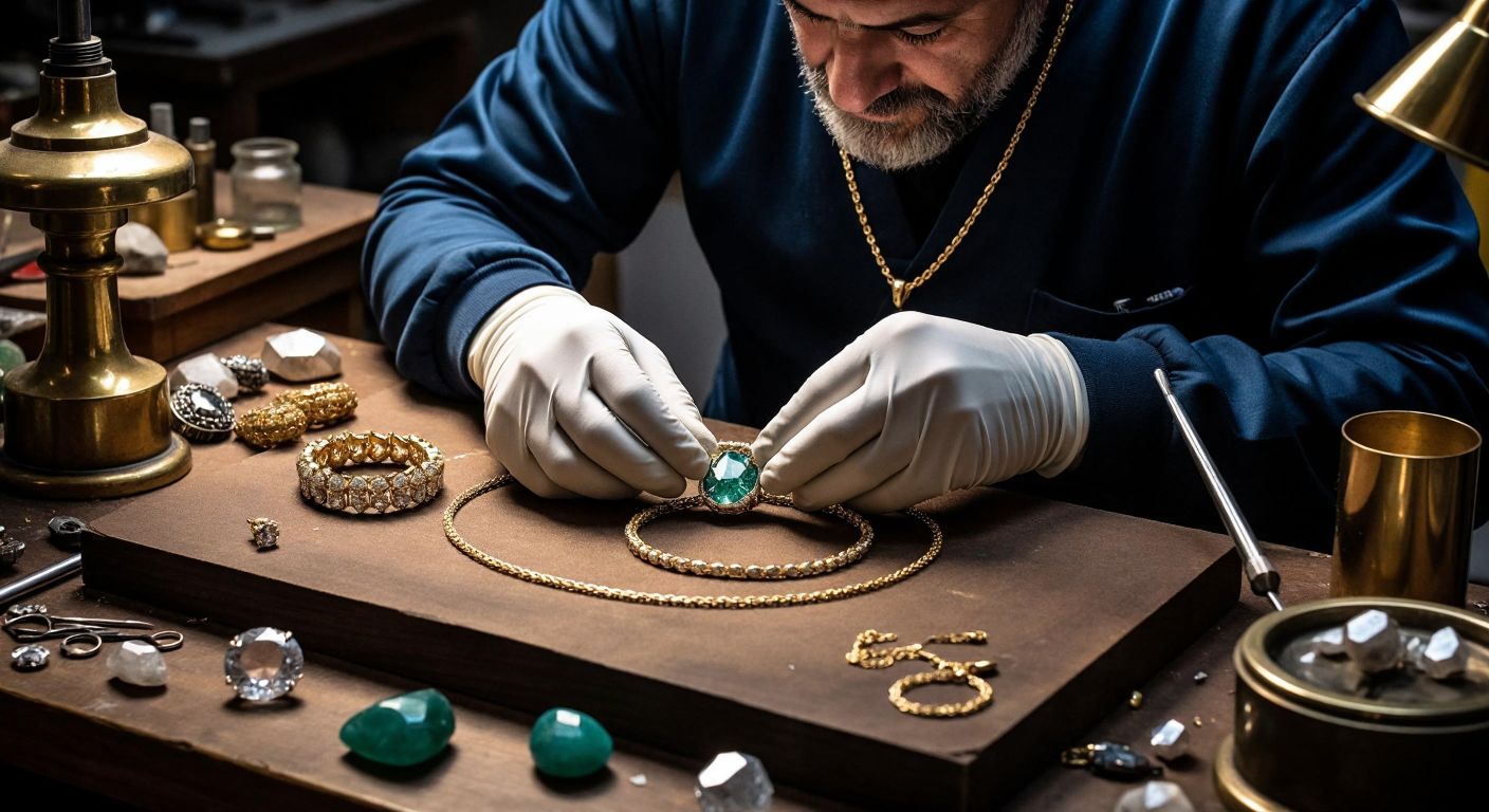 A skilled jeweler in Turkey wearing sleek satin gloves carefully polishes a delicate gold necklace on a cluttered wooden workbench, surrounded by scattered gemstones and tools.