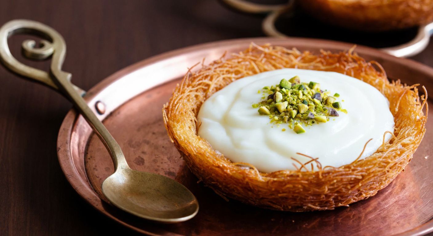 A golden, crispy tel kadayıf nest filled with creamy muhallebi, sprinkled with powdered pistachios, resting on a traditional Turkish copper tray with a wooden spoon beside it.