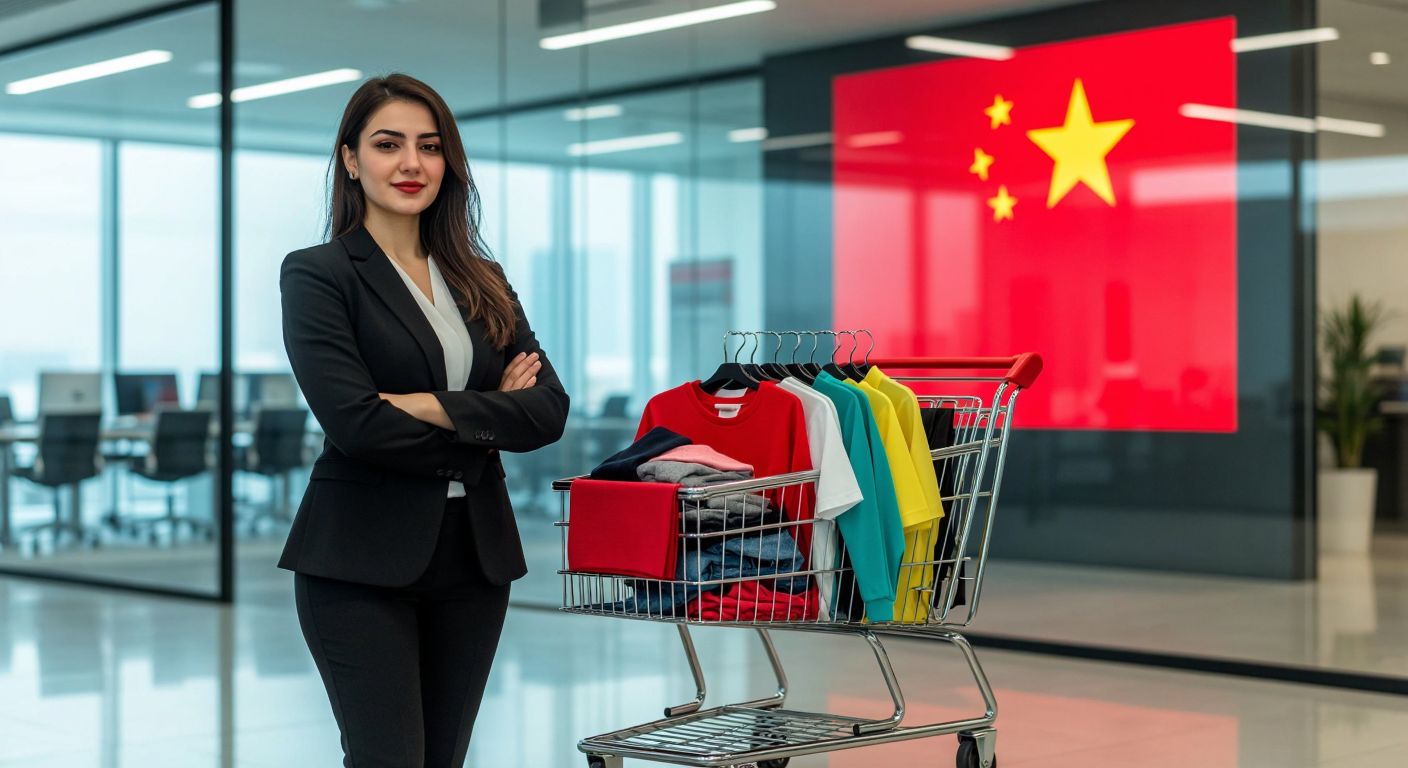 A confident Turkish woman in a modern office stands beside a digital shopping cart filled with vibrant clothing, with a subtle Chinese flag motif reflected in the glass wall behind her.