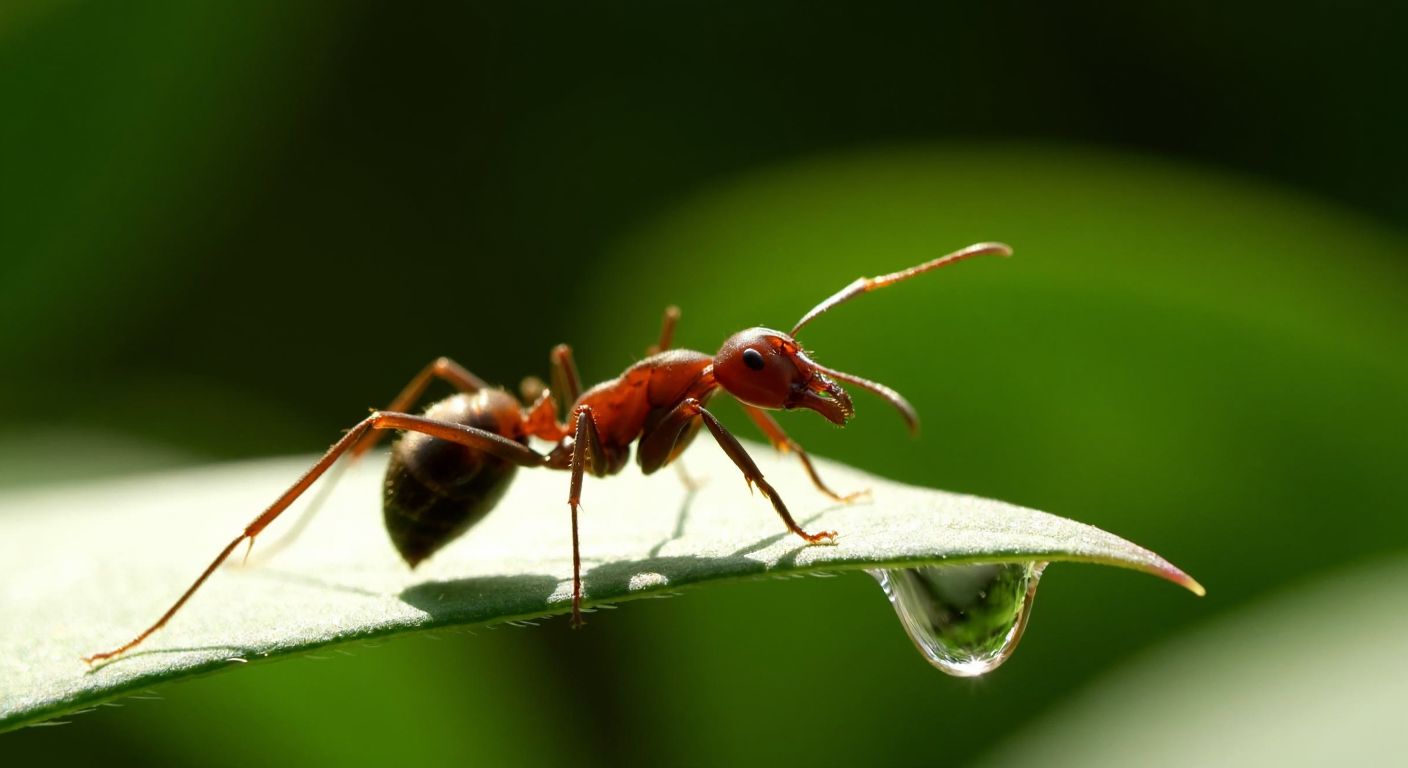 A close-up of a red ant on a green leaf, with a tiny droplet of clear liquid glistening on its mandibles, set against a sunlit forest floor in Turkey.