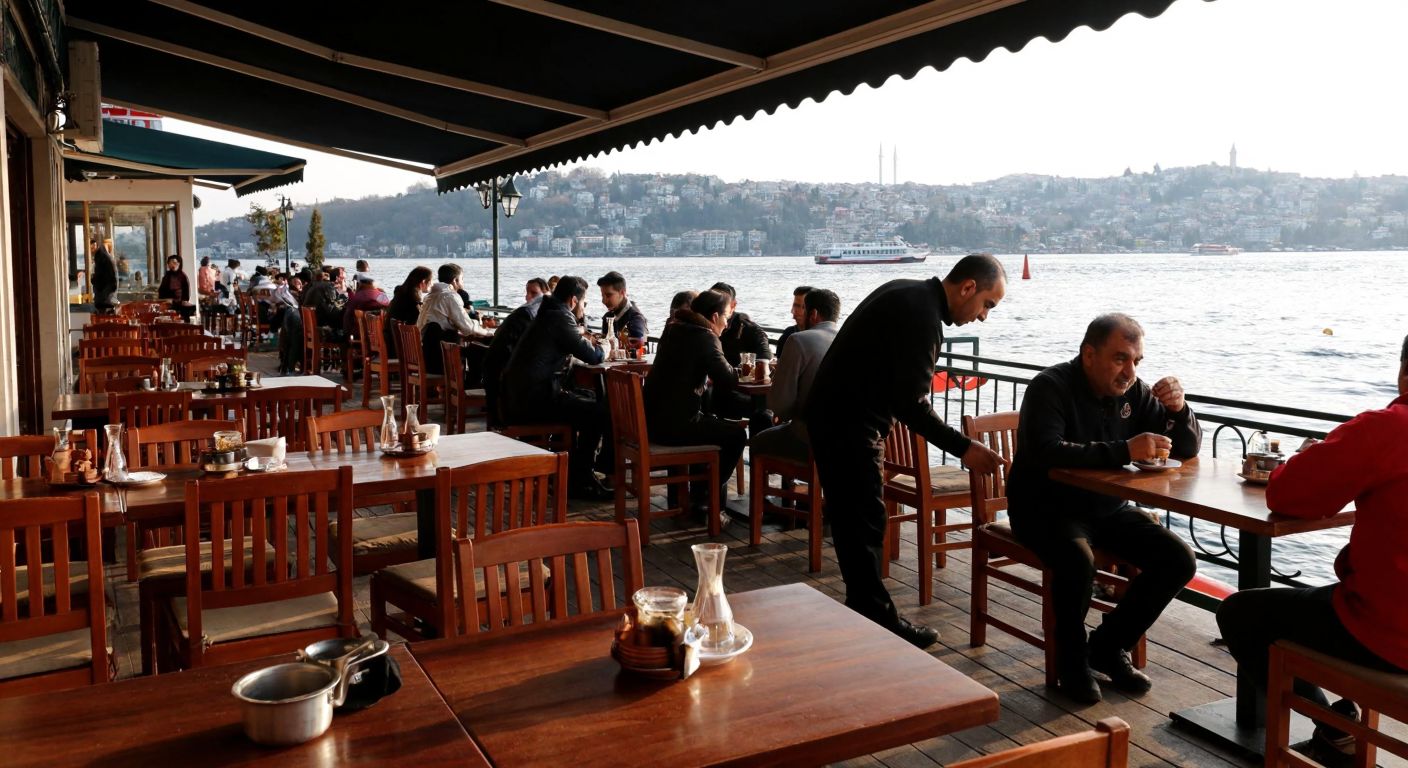 A bustling waterfront café in Sarıyer with a man (Mustafa Ömer Topbaş) serving aromatic Turkish coffee amid wooden tables and the shimmering Bosphorus in the background.