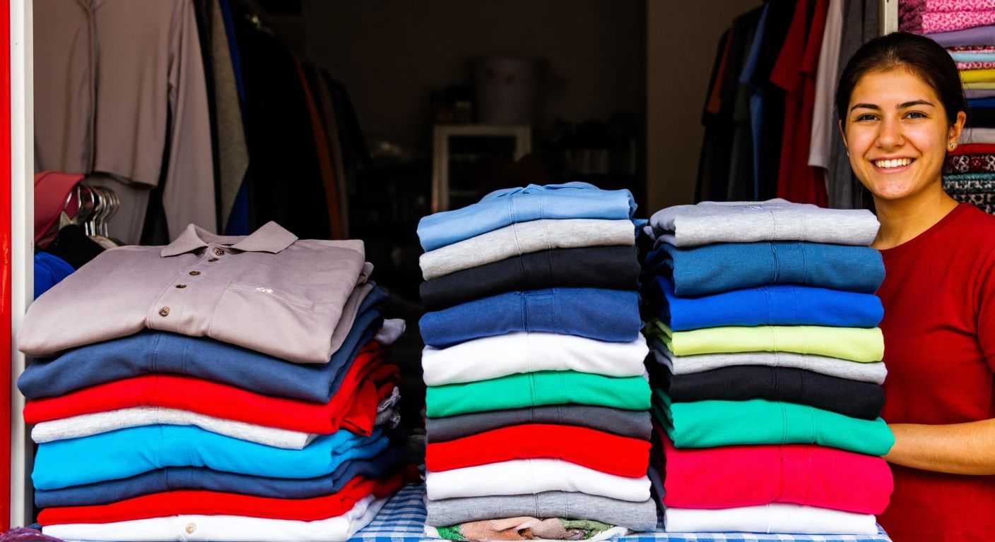 A neatly stacked pile of folded T-shirts in various sizes and colors, arranged in a vibrant Turkish market stall with a vendor smiling proudly beside them.