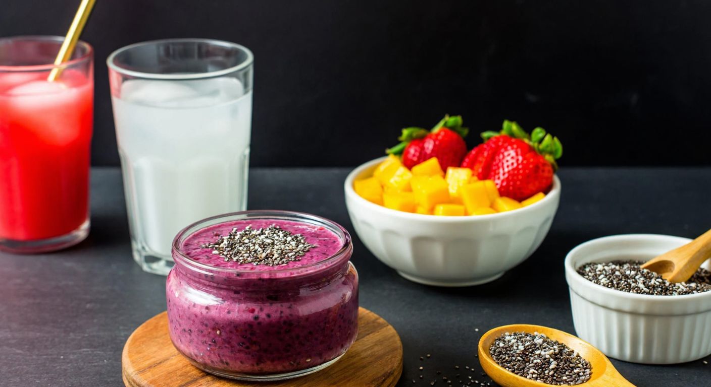 A Turkish kitchen counter displays a glass of chia seeds soaking in water, a bowl of chia pudding topped with fresh fruit, a vibrant smoothie with chia sprinkled on top, and a rustic wooden spoon scooping seeds into a yogurt-filled bowl.