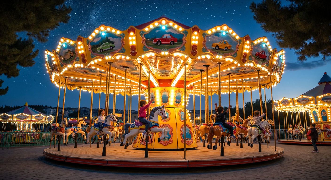 A brightly lit carousel in a Turkish amusement park spins with colorful wooden horses, airplanes, and cars, while children laugh and reach out to ride them under a starry night sky.
