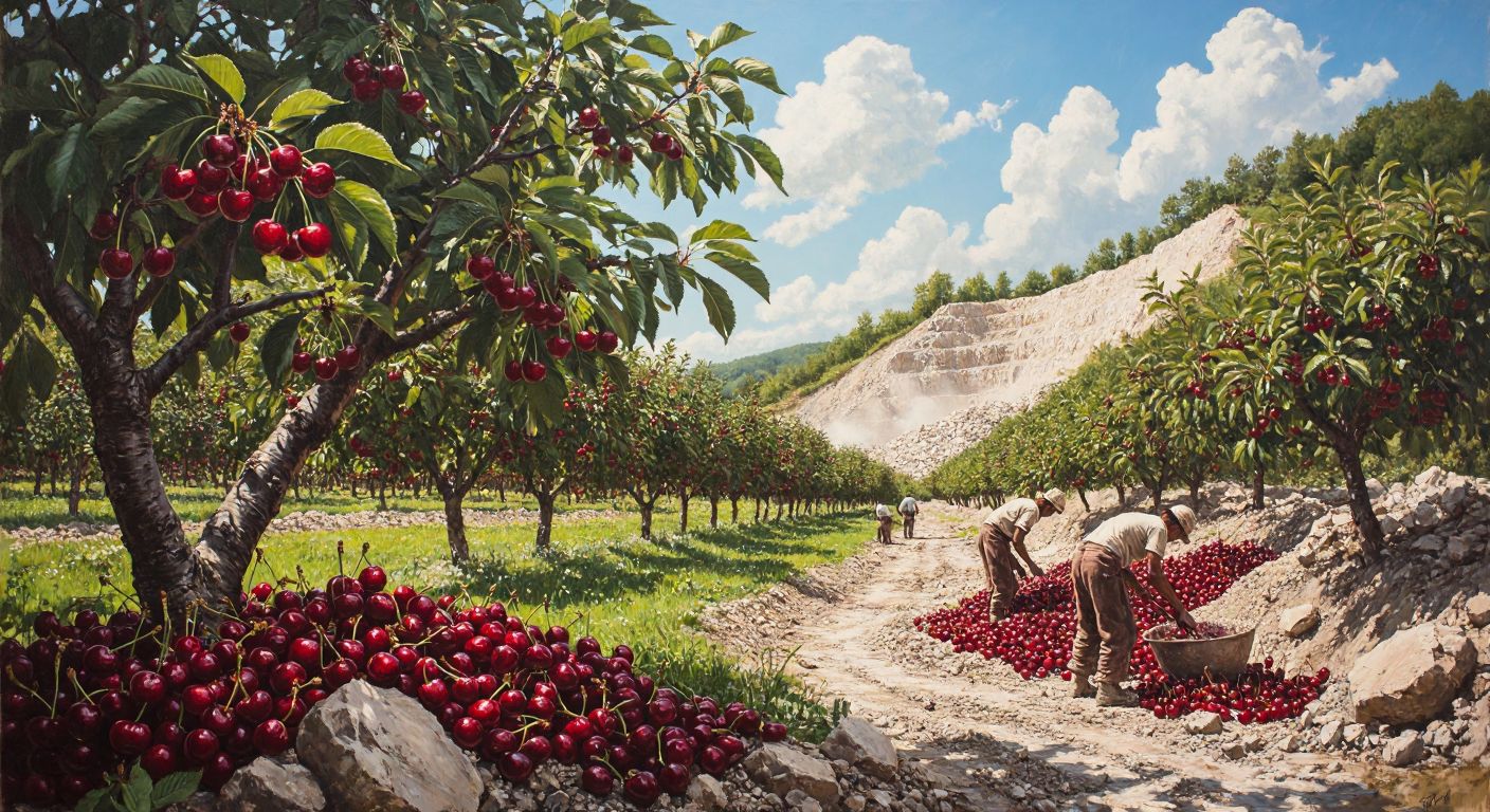 A lush cherry orchard with ripe red cherries under a bright sun, bordered by a dusty stone quarry where workers toil, their faces weary yet determined.