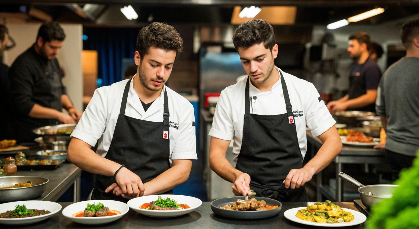 Two young chefs, Onur and Kerem, stand side by side in a bustling kitchen, intensely focused as they prepare vibrant dishes—a spread of Turkish regional mezes, sizzling Asian-inspired köfte, and delicate desserts—while judges watch intently under bright studio lights.
