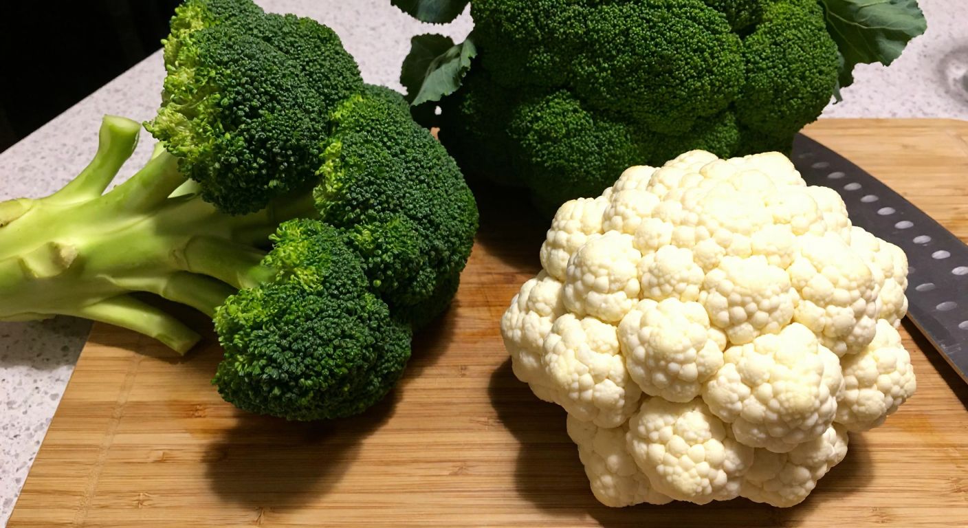 A vibrant Turkish kitchen counter displays fresh green broccoli with tree-like florets next to a white, tightly packed cauliflower, both resting on a wooden cutting board with a knife nearby.