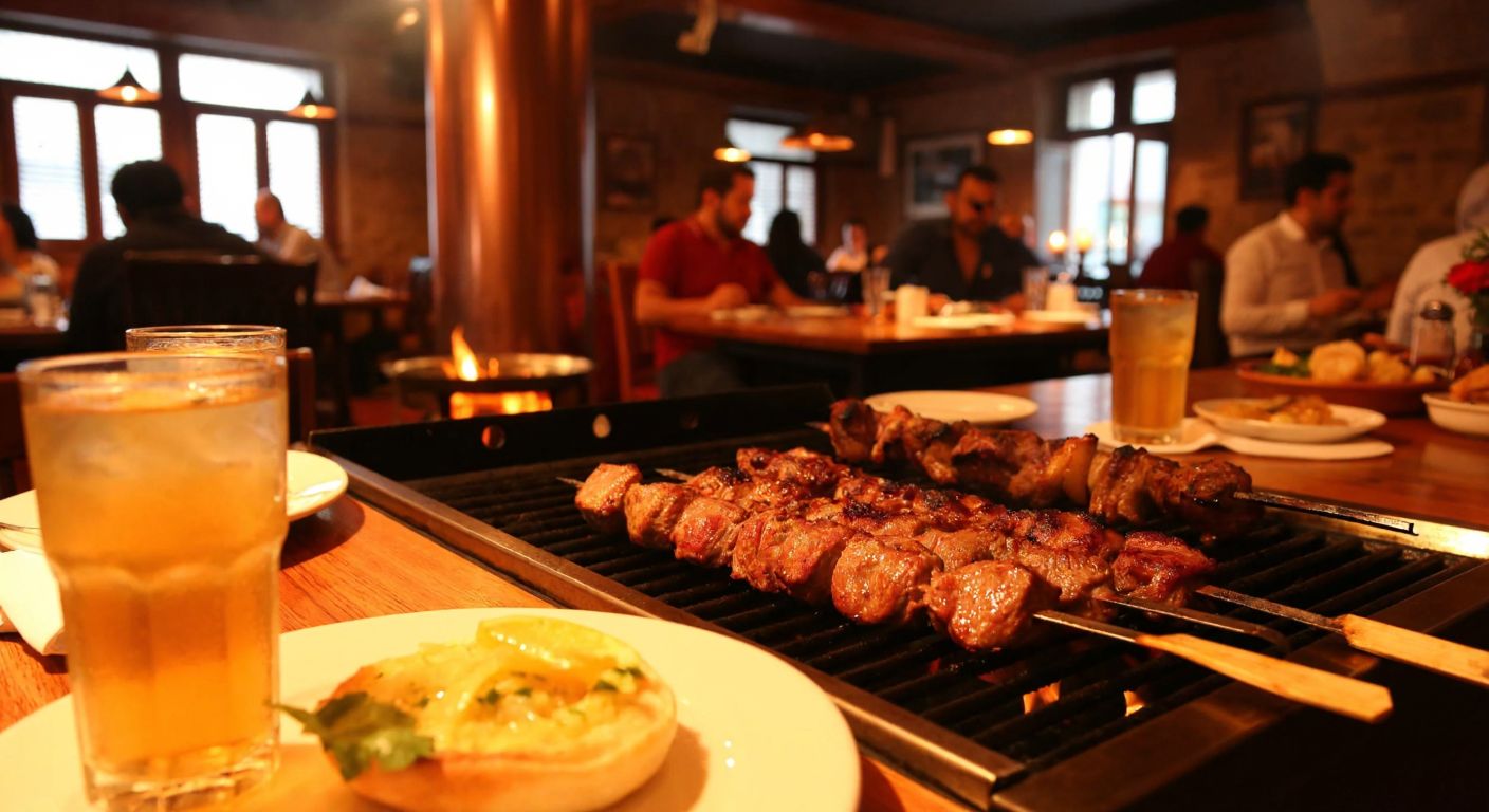 A warmly lit traditional Turkish ocakbaşı restaurant with sizzling skewered meats on a grill, surrounded by wooden tables where diners enjoy meals with glasses of amber-colored rakı in Istanbul’s historic Sultanahmet district.