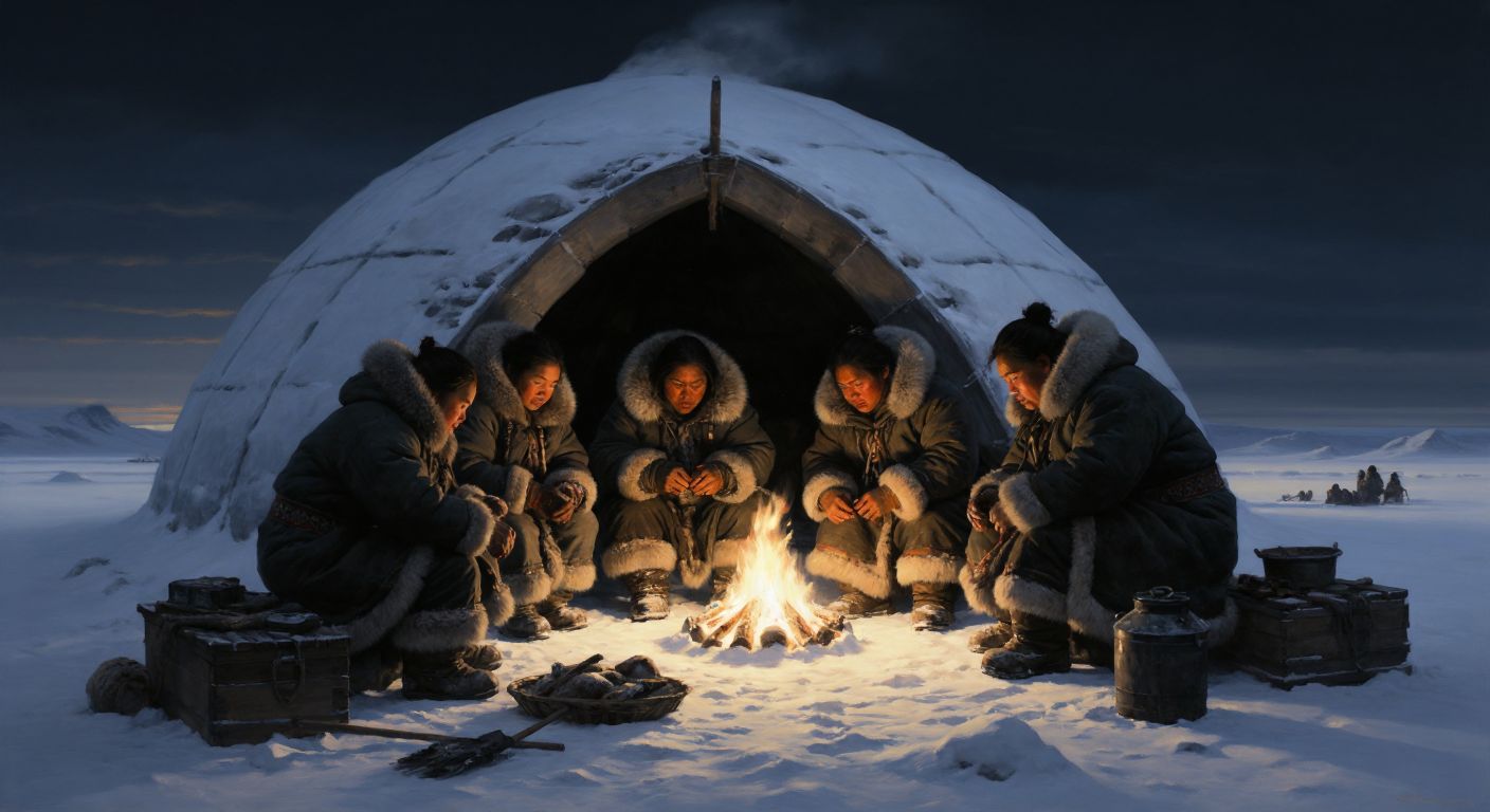 A group of Inuit people in thick fur coats huddle inside a glowing igloo, their faces warmed by a small fire while snow blankets the landscape outside.