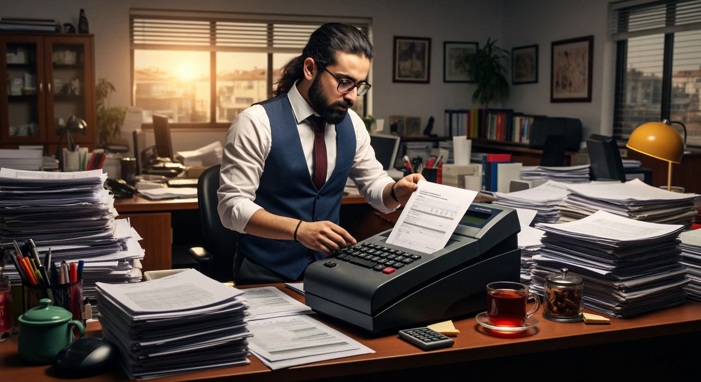 A Turkish accountant in a bustling office examines a receipt from a cash register while surrounded by stacks of paperwork, office supplies, and a steaming cup of Turkish tea.