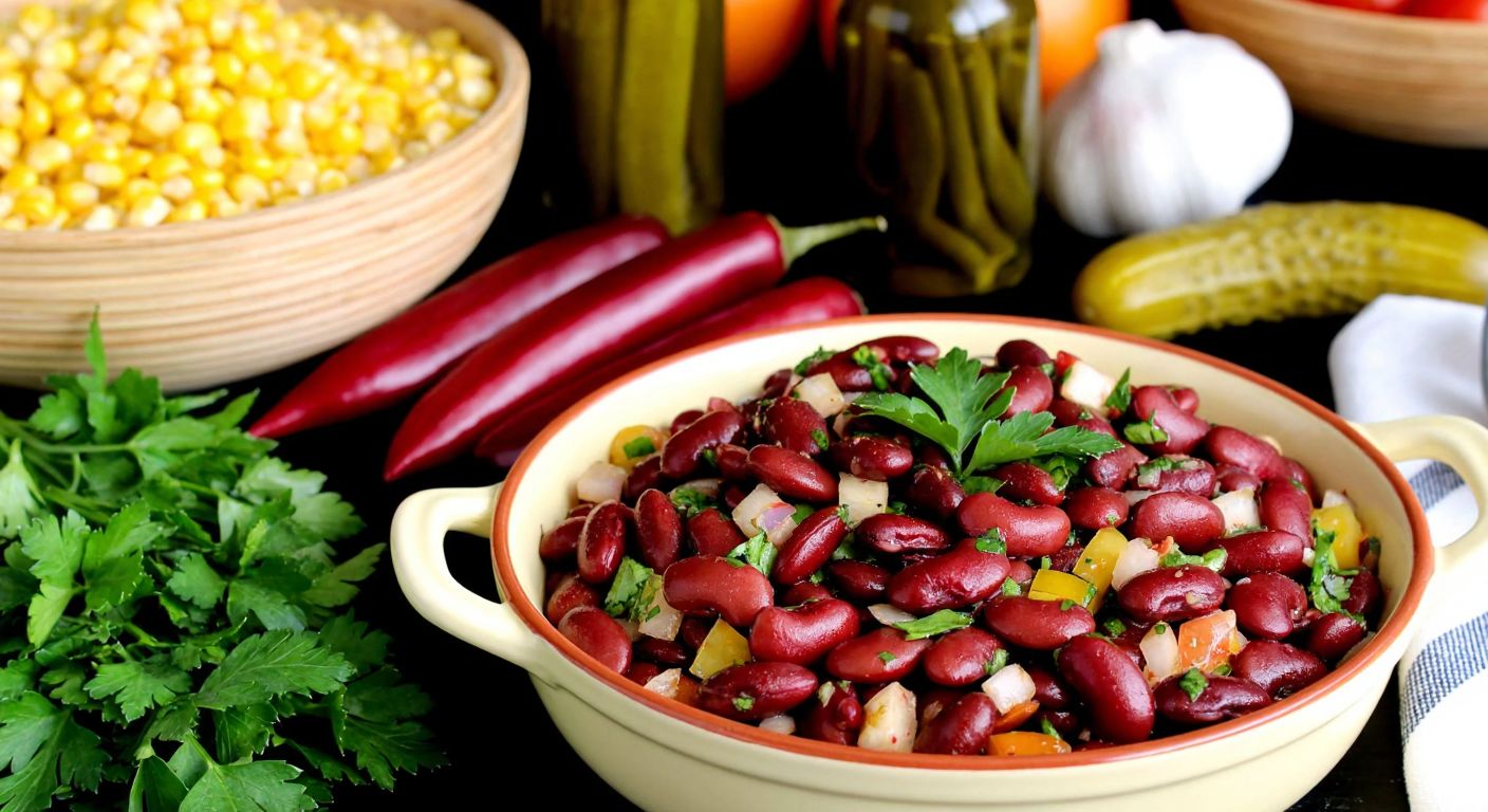 A vibrant Turkish kitchen counter displays a colorful red bean salad in a ceramic bowl, surrounded by fresh ingredients like corn kernels, pickles, parsley, and a drizzle of olive oil, evoking a homely, appetizing atmosphere.