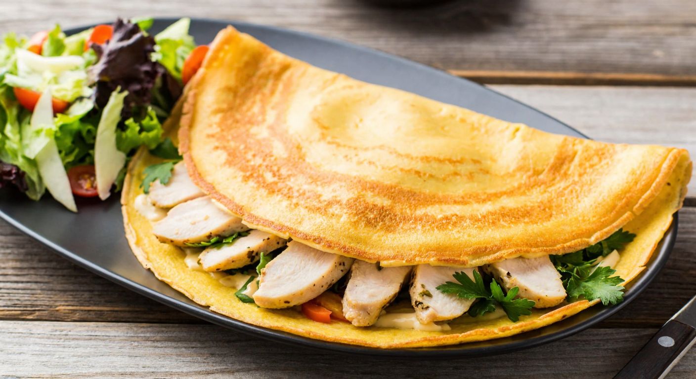 A golden-brown crepe filled with slices of seasoned chicken and herbs, resting on a rustic wooden table with a side of fresh salad and a drizzle of creamy sauce.