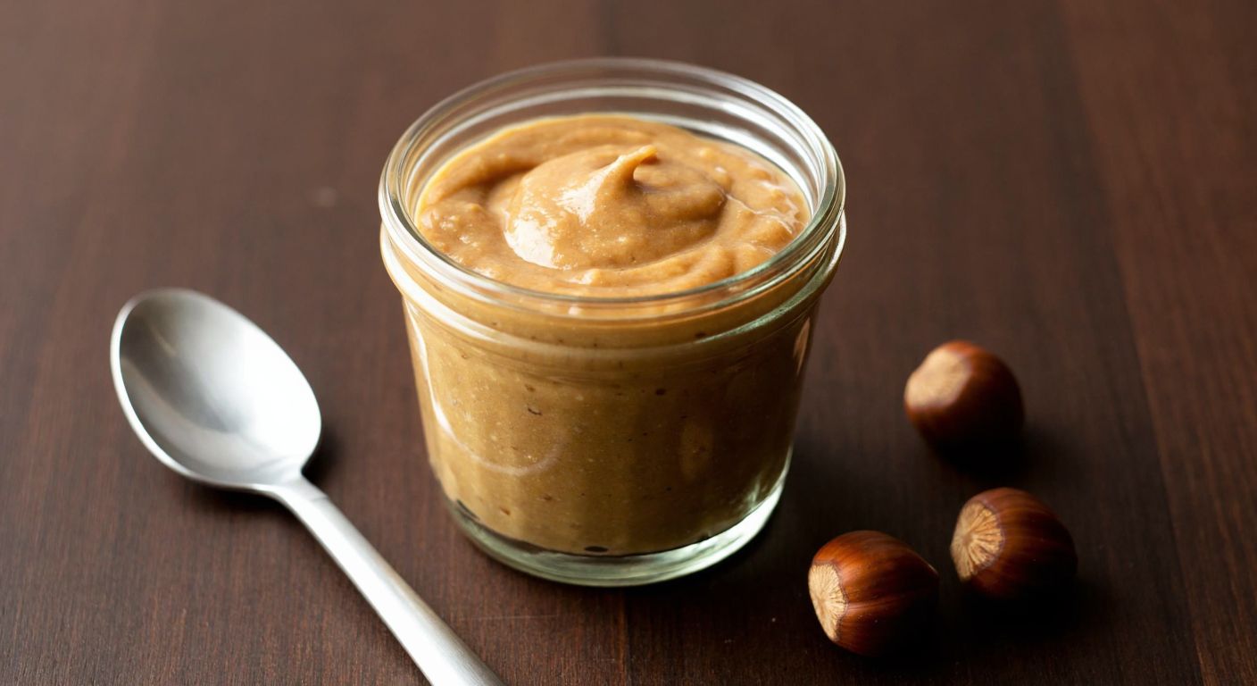 A glass jar of creamy hazelnut spread with a golden-brown hue, placed on a wooden table beside a spoon and a few whole hazelnuts, evoking warmth and sweetness.