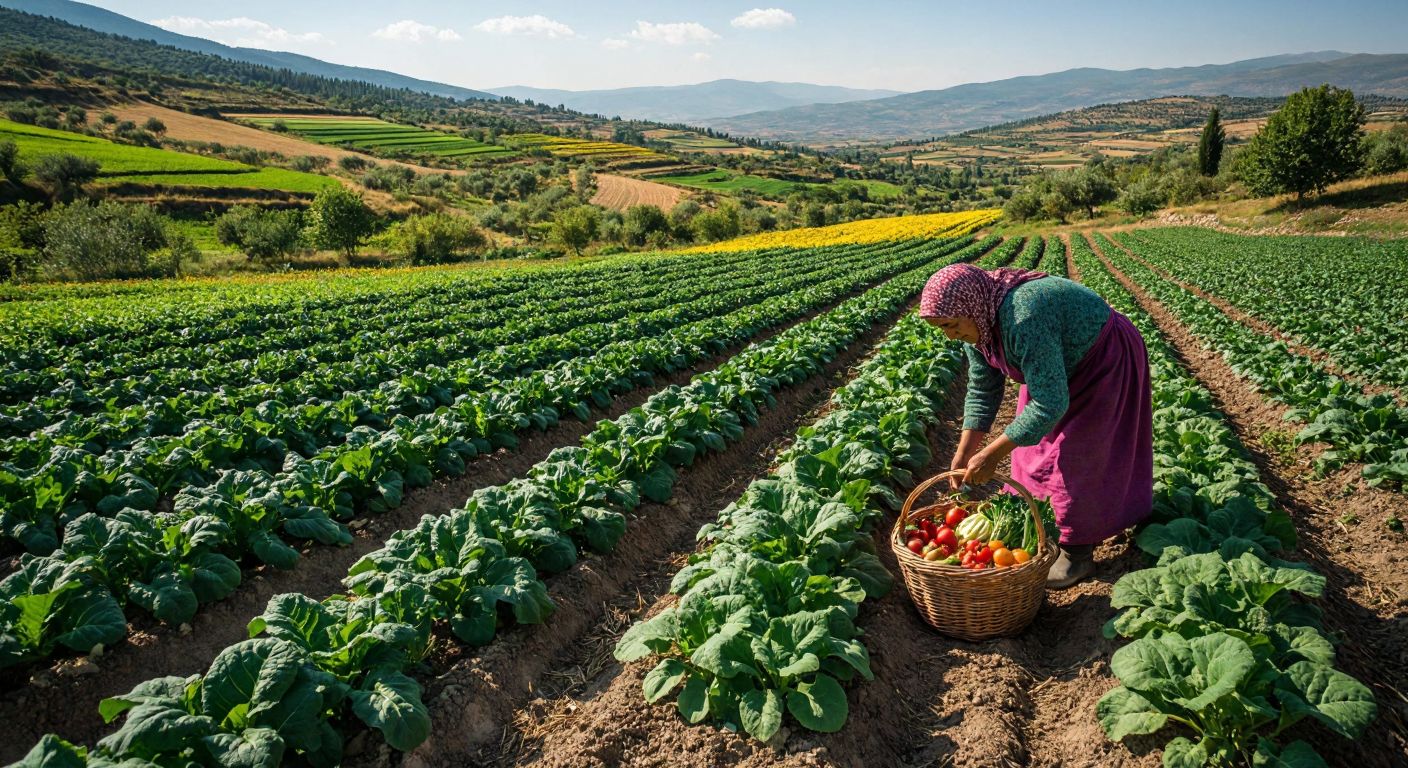 A sunlit Turkish countryside field with vibrant green rows of organic vegetables, a farmer in traditional attire carefully tending to the crops, and a basket of fresh produce nearby, radiating health and natural abundance.