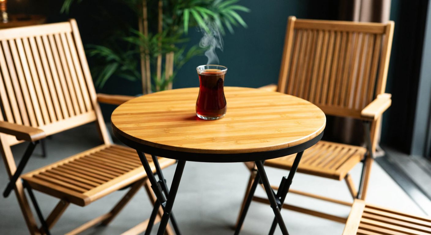 A compact bamboo-and-metal round folding table set in a cozy Turkish home, surrounded by wooden chairs and warm lighting, with a steaming cup of çay placed on its surface.