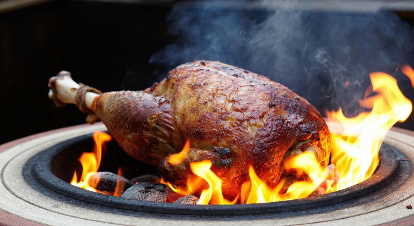 A golden-brown slow-roasted leg of lamb in a traditional clay tandoor oven, surrounded by glowing embers, with steam rising and aromatic spices filling the air.