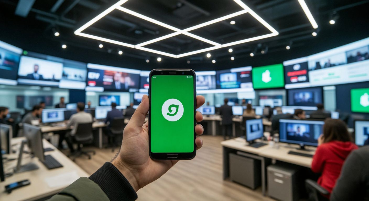 A Turkish news studio with a journalist holding a smartphone displaying the WhatsApp logo, surrounded by a bustling newsroom with monitors showing Tele1 TV's broadcast.