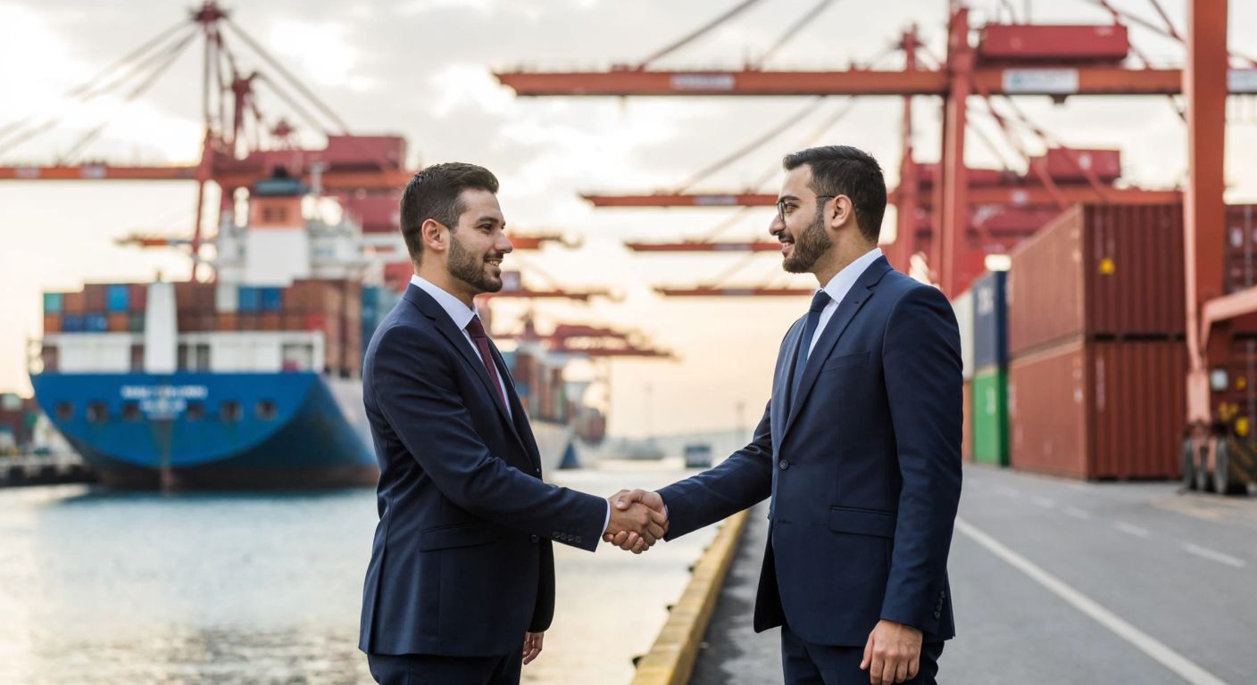 A Turkish banker in a formal suit confidently shakes hands with an international business partner in front of a bustling Istanbul port, with stacks of shipping containers and cargo ships in the background.