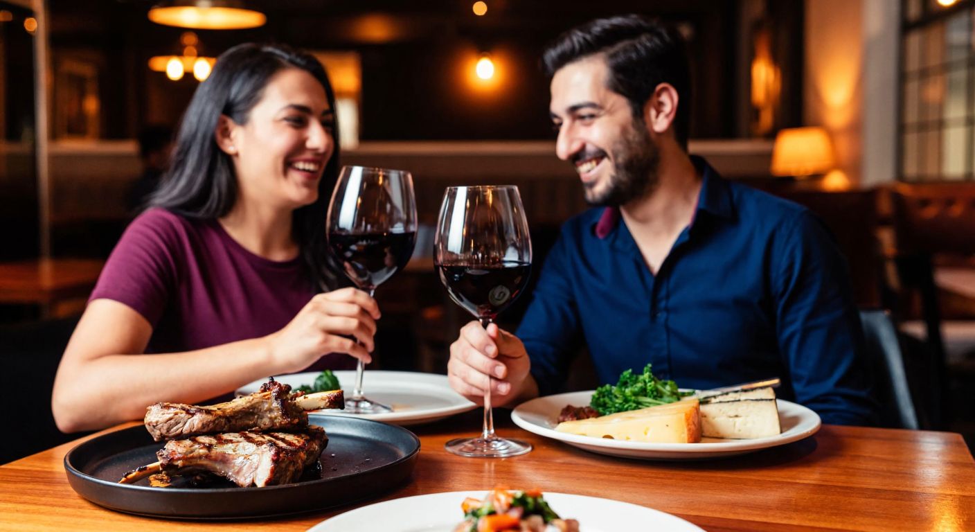 A Turkish couple in a cozy, dimly lit restaurant, smiling as they swirl deep red wine in wide-bowled glasses, with a plate of grilled lamb and aged cheese on the table between them.