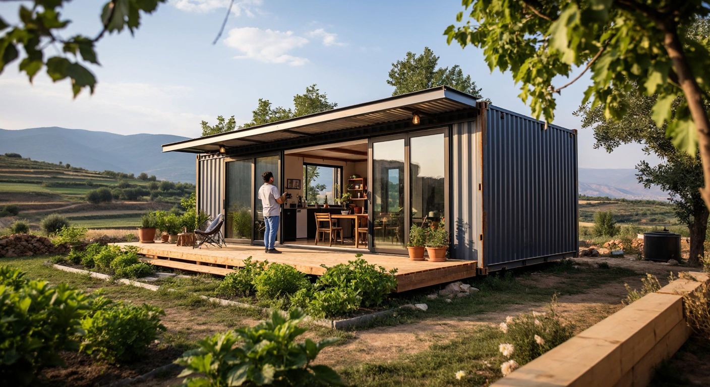 A sturdy steel shipping container converted into a cozy home with large windows, surrounded by a lush garden in a rural Turkish landscape, while a couple inspects its insulation and construction quality.