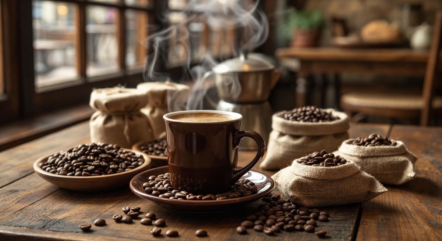 A warm, inviting Turkish café scene with a steaming cup of richly aromatic Mithra coffee on a wooden table, surrounded by small bags of coffee beans from various origins, evoking curiosity and satisfaction.