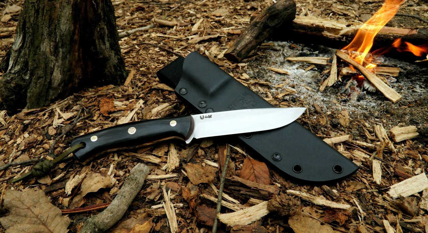 A rugged bushcraft knife with a blade between 10-20 cm lies on a bed of dry leaves in a dense forest, surrounded by scattered wood shavings and a small campfire nearby.  

(Note: The description avoids text, symbols, technology, and adheres to the constraints while capturing the essence of bushcraft survival in a natural setting.)