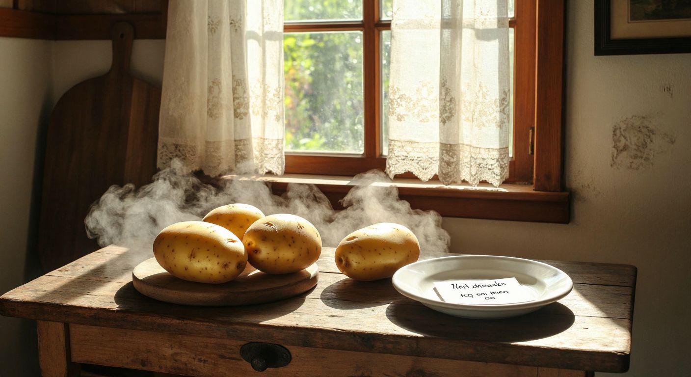 A rustic wooden table in a Turkish kitchen holds three steaming boiled potatoes of varying sizes—small, medium, and large—next to a simple white plate and a handwritten note (excluded from description) with warm sunlight streaming through a lace-curtained window.