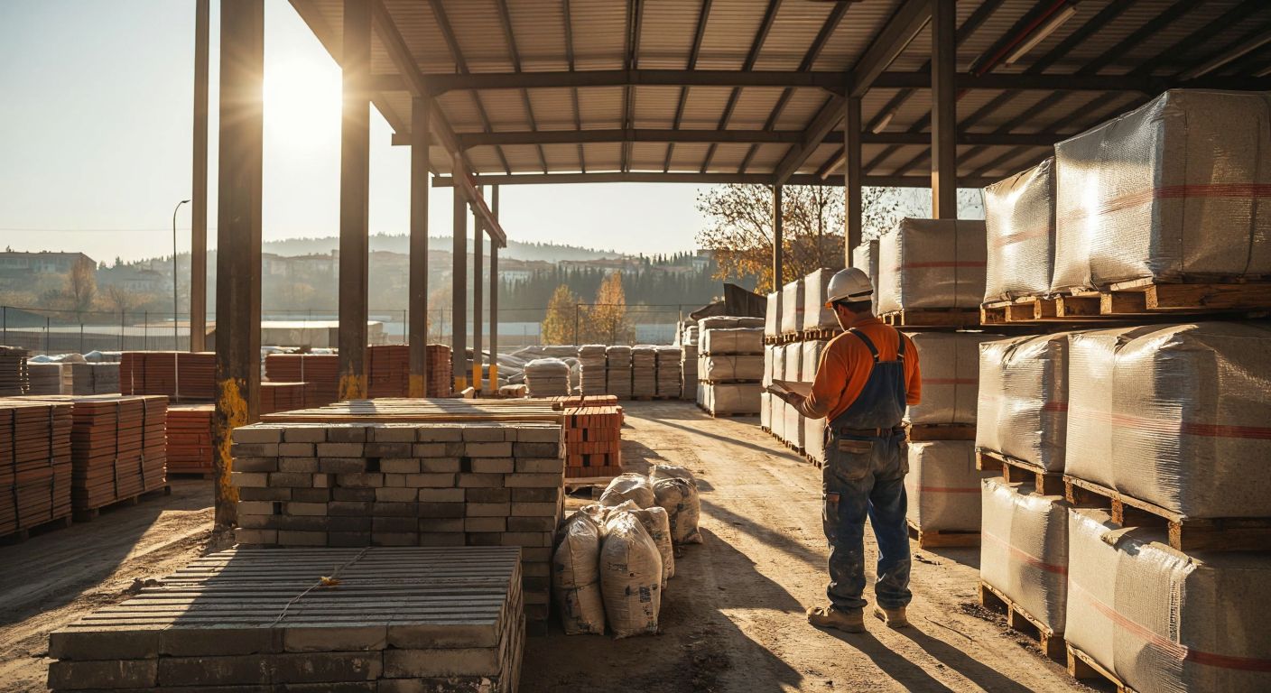 A sturdy construction materials warehouse in Kocaeli, Turkey, with stacks of bricks, cement bags, and metal beams under a bright sun, while a worker in a hard hat and dusty overalls checks inventory.